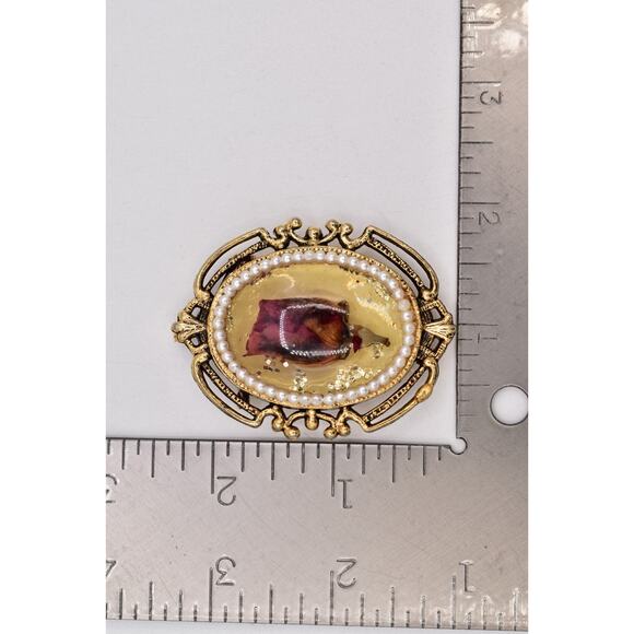 Vintage Dried Rosebud Flower Pin Brooch Antiqued Oval Romantic Chunky 70s BinBP - Picture 12 of 12